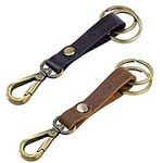 2 Pack Genuine Leather Keychain, Wisdompro Heavy Duty Key Chain with Retro Vintage Bronze Belt Loop Clip and 2 Keyrings for Keys - Black and Brown