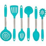 Culinary Couture Turquoise Kitchen Utensil Set - Stainless Steel & Silicone Heat Resistant Professional Cooking Tools - Spatula, Mixing & Slotted Spoon, Ladle, Pasta Fork Server, Drainer - Bonus Ebook