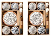 VATSHVI 28 Pieces Dinnerware Set, Ceramic Kitchen Floral Dinner Set, Quality Porcelain, Dishwasher Safe, Japanese Style, Apply To Soup, Pasta, Salad, (4 Plate+ 8 Bowl+ 8 Soup Spoon+ 8 Set Chop Stick)