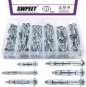Swpeet Molly Bolt Assortment Kit, Hollow Wall Anchors Perfect for Secure Drywall, Sheetrock and Paneling to Walls or Ceilings - M4×32, M4×60, M5×52, M5×65, M6×52, M6×65 (Assortment Kit)