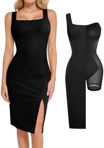 Popilush Black Leather Dress with Built in Shapewear Side Slit Midi Bodycon Tank Dresses for Concert Club Party