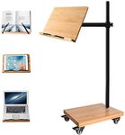 Wishacc Book Stand for Reading, Rolling Lectern Stand with Wheels, Bamboo and Metal Build, Height Adjustable, 180 Degrees Swing (11 x 8.1 Inches)