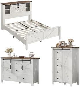 AMERLIFE 3 Pieces Farmhouse Bedroom Set with Sliding Barn Doors, Includes Full Size Rustic Wood Bed with Bookcase Headboard, 5 Drawer Tall Dresser, 47'' Dresser with 4 Drawers, Distressed White