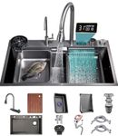 Waterfall Kitchen Sink Set 304 Stainless Steel Kitchen Sink Nano Coated Workstation Sink With Digital Display Fly Rain Pull-Out Faucet And Sink Accessories (Size : 75x45x22cm)