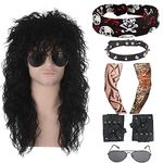 7 Pieces 70s 80s Mullet Metal Rocker Costume Set -TOMIGO Black Vintage Hippie Rocker Star Wig for Men Halloween Carnival