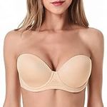 WingsLove Strapless Bras for Women Great Support Lift up Bra Full Figure Underwire Multiway Plus Size Lightly Padded Bra(Beige,34D)