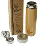 Largest premium real bamboo and stainless steel tumbler 530 ml / 18 fl oz | triple walled thermos insulated bamboo flask | water bottle | travel mug | leak proof | fruit and tea infuser strainer