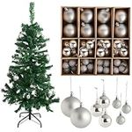 THE TWIDDLERS - 1 4ft / 1.2m Christmas Trees with Strong Metal Stand and 260 Tips & 50-Pack Silver Christmas Baubles - Assorted Sizes and Finishes - 6cm, 4cm, 3cm