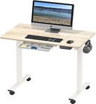 SHW 40-Inch Small Electric Height Adjustable Mobile Sit Stand Desk with Drawer, Hanging Hooks and Cable Management, 40 x 24 Inches, Maple