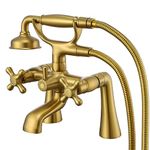 Qinkell Clawfoot Tub Faucet Deck Mount Tub Filler Brushed Gold Vintage Brass Bathtub Faucets with Telephone Shaped Hand Shower