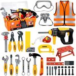 Deejoy Tool Set with Tool Box & Electronic Toy Drill, Pretend Play Kids Construction Kits for Kids Ages 3-5 Years Old, Toddler Boy Toys(Orange)