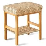 Cpintltr Foot Stool Natural Seagrass Hand Weave Poufs Square Ottoman Bench Modern Dressing Stool Small Stool Side Table Footstool with Wood Legs Vanity Stool for Bathroom Living Room Natural