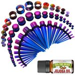 BodyJ4You 50PC Gauges Kit Ear Stretch Aftercare Jojoba Oil Wax 14G-12MM Purple Blue Multicolor Tunnel Plug Taper