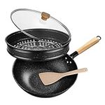 Nonstick Woks,13 Inches Carbon Steel Stir Fry Pans with Lid and Steamer Basket, Wok Pan Flat Bottom Cookware Chinese Wok for Induction, Gas, Halogen