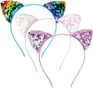Qianyu 3 Pack Reversible Sequin Cat Ears Headband Glitter Sparkly Cat Hairbands Shiny Cute Kitty Headband Hair Metal Hoop Hair Accessories for Women Girls Daily Wearing and Party Decoration