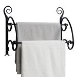 MyGift 2 Tier Wall Mounted Matte Black Metal Bath Towel Holder with Scrollwork Design, Bathroom Double Bar Storage Rack for Hanging Towels or Drying Clothing