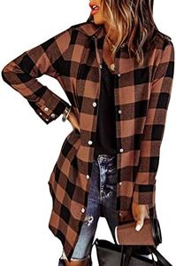 EVALESS Color Block Plaid Shacket Jacket Women Fashion 2024 V Neck Long Sleeve Button Down Blouses Tops Lightweight Flannel Shirts Jackets Cardigans Coats with Pockets Brown Medium