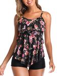 MiYang Women's 2 Piece Flounce Sunflower Printed Top with Boyshorts Tankini Swimsuits Black Floral Small