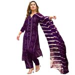 ANNI DESIGNER Women's Rayon Blend Straight Bandhej Printed Kurta with Pant & Dupatta (Baghira Begani_XXL_Begani_XX-Large)