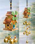 sculpmart Wooden Home Shape Wind Chime with Windmill - 9 Golden Bells for Home & Balcony | Gifting & Home Decoration with Melody Sound (9 Golden Bells)