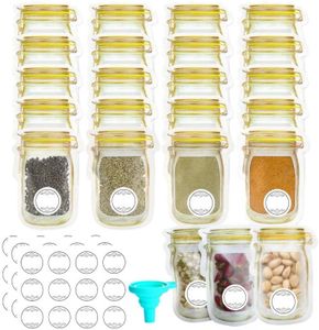 Mason Jar Bottles Bags, 30 PCS Reusable Mason Jar Zipper Bags With Labels & Funnel, Airtight Seal Spice Storage Bags Snack Saver Leak-Proof Zip-Lock Bags for Travel Camping Picnic (Yellow, S)