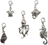 5pcs in set, Animal Clip on Charm Set, Handmade Jewelry, Gothic Ocean Jewelry, Octopus Sea Turtle Charm, Summer Beach Jewelry