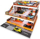Display Case for Hot Wheels: Toy Car Garage Diorama with LED Lights, Freestanding 3-Level City Parking Lot Scene with Ramps for 1/64 Diecast Cars, Storage Display Stand Holds Up to 50+ Cars（Orange）