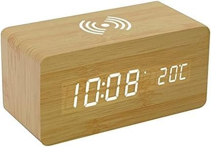 Cilipuloy Wooden Digital Alarm Clock with Wireless Charging 3 Alarms LED Display Sound Control for Bedroom Bedside Office Kids Friends