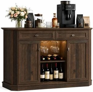 Walnut Coffee Bar with 2 Drawers & 2 Doors, LED Wine Bar Cabinet with Wine Glasses, Coffee Station with Built-in Outlets, Buffet Cabinet Sideboard with Extra Storage for Living Room Kitchen Entryway
