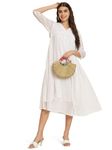 VredeVogel Women's Poly Chiffon Self Design Flared Western Dress (White_Medium)