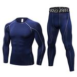 LANBAOSI Men's Gym Running Base Layer Top and Leggings Set Long Sleeve Compression Shirt Tights Thermal Underwear Suit, Navy Blue, L