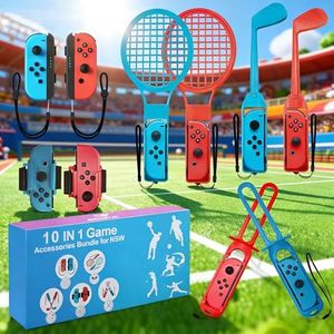 10 in 1 Accessories Kit for Nintendo Switch Sports,Family Accessories Bundle Compatible with Switch/Switch OLED Sports Games with Soccer Leg Strap,Golf Clubs ,Tennis Rackets,Swords (Red blue)
