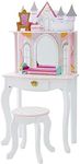 Teamson Kids Dreamland Princess Play Vanity Set with Mirror, Shelf, Storage Drawer, Stool, and Accessories for 12" Dolls, White an Pink