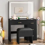 DWVO Vanity Desk with Mirror and Lights, Makeup Vanity with Power Strip, Adjustable Lighting, 4 Drawers, and Cushioned Stool for Bedroom, Dressing Room