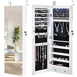 COSTWAY 6 LED Lights Jewelry Cabinet, Door Hanging/Wall Mounted Jewelry Armoire with Full Length Mirror, Lockable Cosmetics Makeup Jewellery Storage Organiser Unit for Bedroom Dressing Room (White)