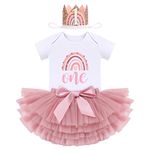 FYMNSI Boho Rainbow First Birthday Outfit for Baby Girl One Year Old Party Cake Smash Photo Shooting Cotton Short Sleeve Romper Bodysuit Princess Tutu Tulle Skirt Crown Hat 3pcs Set Dusty Pink