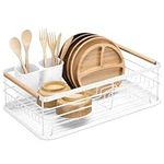 Navaris Dish Drainer Rack - Plate, Silverware, Pots and Pans - Dish Rack with Beechwood Handles - Metal Dish Drying Rack for Kitchen Counter - Modern Retro Design Dish Rack - White