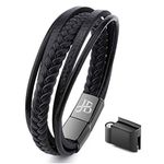 Jewellbox Mens Leather Bracelet, Black, Adjustable Size 21cm - 22.2cm, Premium Bracelet for Men with Magnetic Clasp