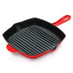 NutriChef Nonstick Cast Iron Grill Pan - 11-Inch Kitchen Square Cast Iron Skillet Grilling Pan, Enameled Cast Iron Skillet Steak Pan w/Side Drip Spout for Electric Stovetop, Induction, Gas, red