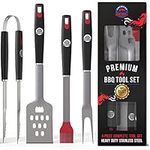 BBQ Tools Sets - Premium Barbecue Utensils - 4 Piece Grill Kit: Spatula, Tongs, Fork and Basting Brush - Best Heavy Duty Stainless Steel Case BBQ Accessories for Him - 10 Year Warranty