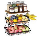 GILLAS 3 Tier Fruit Basket with Wooden Top for Kitchen Counter, Fruit Bowls with Banana Hooks, Fruit Storage Wire Basket Stand for Organization