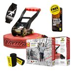 GIBBON ClassicLine XL Slackline Red with TreeWear - 82ft Slack Line (74ft Line + 8ft Ratchet Strap with Reinforced Loop, 2” Line) Signature Ratchet