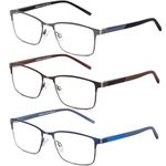 DJOLENSA 3 Pack Reading Glasses for Men, Blue Light Blocking Computer Readers, Metal Frame Spring Hinge Eyeglasses with Pouches, Anti Eyestrain/Glare/UV（200 Magnification Strength）