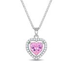 925 Sterling Silver Girl's 16" Pretty Pink Heart & Clear Cubic Zirconia Pendant Necklace - Lovely Small Charm Necklaces for Little Girls & Preteens - Tiny Heart CZ Pendant Necklace for Young Girls