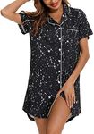 Senert Nightgown for Women Sleep Shirt Short Long Sleeve Sleepwear Boyfriend Nightshirt Button Down Pajama Dress S-XXL, Short Sleeve-Black Print, XX-Large