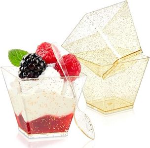 Qeirudu 2 oz Mini Dessert Cups with Spoons - 100 Pack Gold Glitter Shooter Cups for Dessert Small Square Serving Cups for Party Individual Banana Pudding Appetizers Parfait