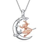 YFN Witch Necklace Sterling Silver Cat Witch Hanging on Broom Jewelry Gifts for Women Halloween, base, Cubic Zirconia