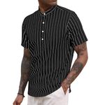 Mens Linen Shirts Short Sleeve Cotton Linen Shirt Henley Neck Striped Shirt Regular Fit Casual Summer Beach Shirts Black 3XL