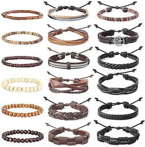 kakonia 18pcs Braided Leather Bracelets for Men Women Woven Cuff Wrap Bracelet Wood Beads Ethnic Tribal Bracelets Adjustable