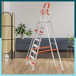 Houza 8 Step Foldable Aluminium Ladder with Railing for Home | Ladder with Anti-Slip Shoes | Slip Prevention Steps | Durable, Heavy Duty, Safe, and Stylish | Made in India (Orange)